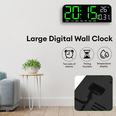 Large Digital Wall Clock Temp Date Week Display Wall Mounted Dual Alarms LED Clocks 12/24H Electronic LED Clock Snooze Function