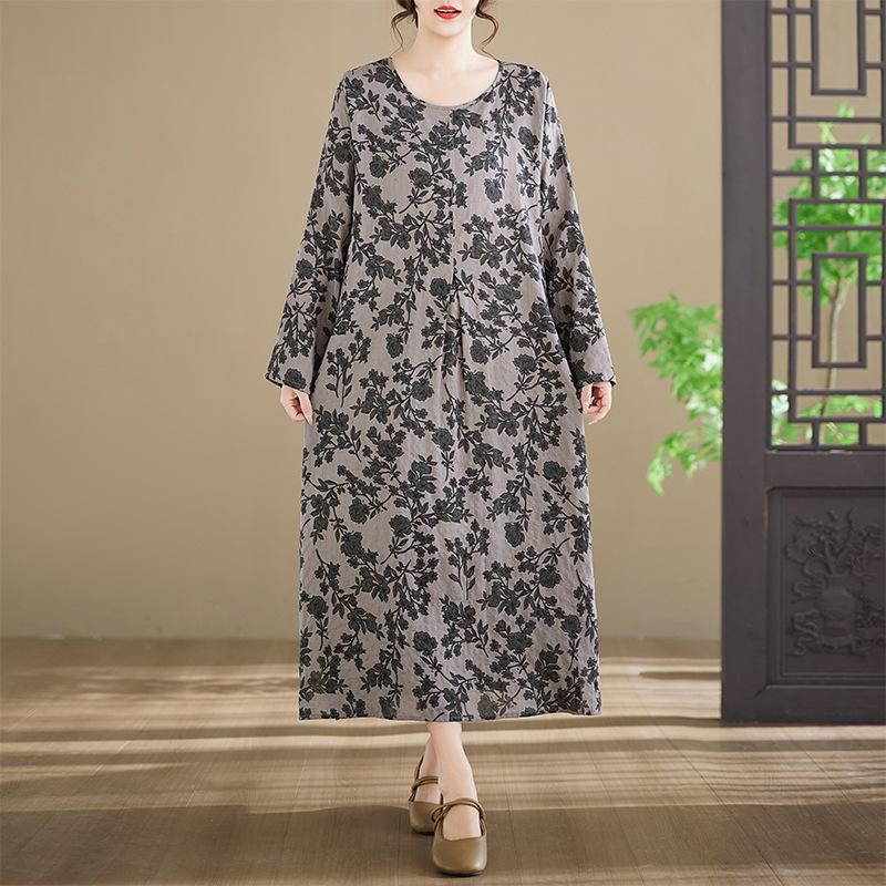 In-Stock Printed Cotton Plus Size Long-Sleeve Women's Dress with Round Neckline