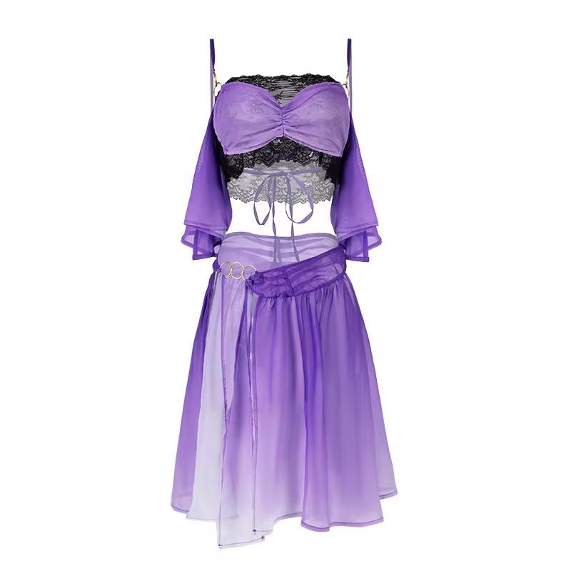 Sexy Hanfu Top Skirt Set Lady Chinese Ancient Traditional Costume Fairy Cosplay Purple Dance See-through Lace Lingerie Dress New