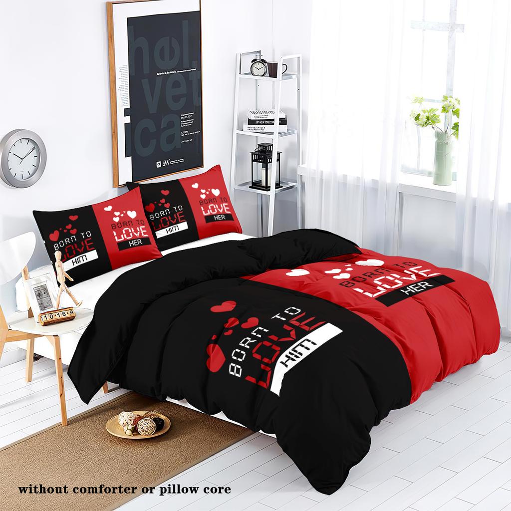 3-piece down duvet cover set with red and black lips and beard print (1 duvet cover+2 pillowcases, no core) couple's bedding set