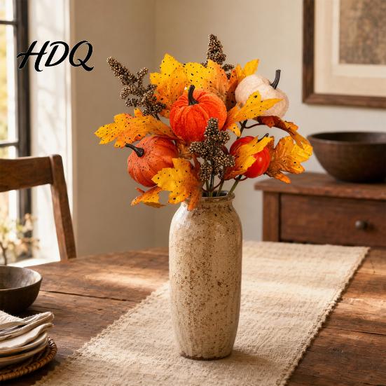 Rustic Autumn Floral Display Artificial Fall Bouquet with Fabric Pumpkins Maple Leaves Wheat Berries Pumpkin Decoration Home Decor for Thanksgiving