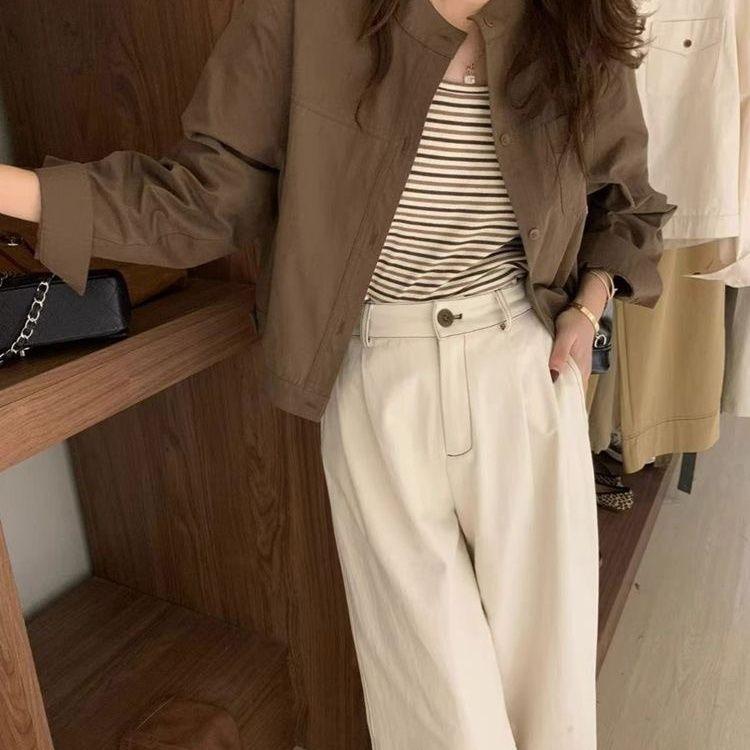 Women's Solid Color Cargo Jacket Korean Style Casual Short Length Long Sleeve Outerwear for Autumn