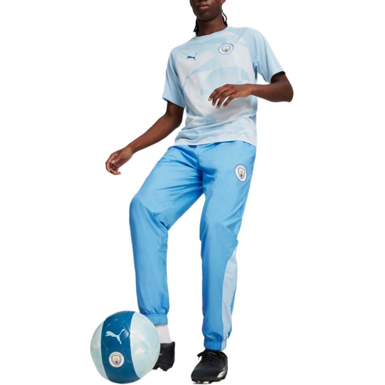 Puma Manchester City Mcfc Prematch Woven Pant Color Block Casual Elastic Waist Woven Knitted Sports Pants Men Pants Blue Silver-Gray 774373-02