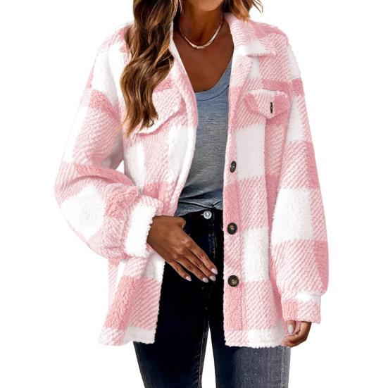 Giacca da donna autunno inverno con tasche finte, stampa scozzese a contrasto di colore, taglie forti, colletto rovesciato, monopetto, manica lunga, cardigan, cappotto di peluche