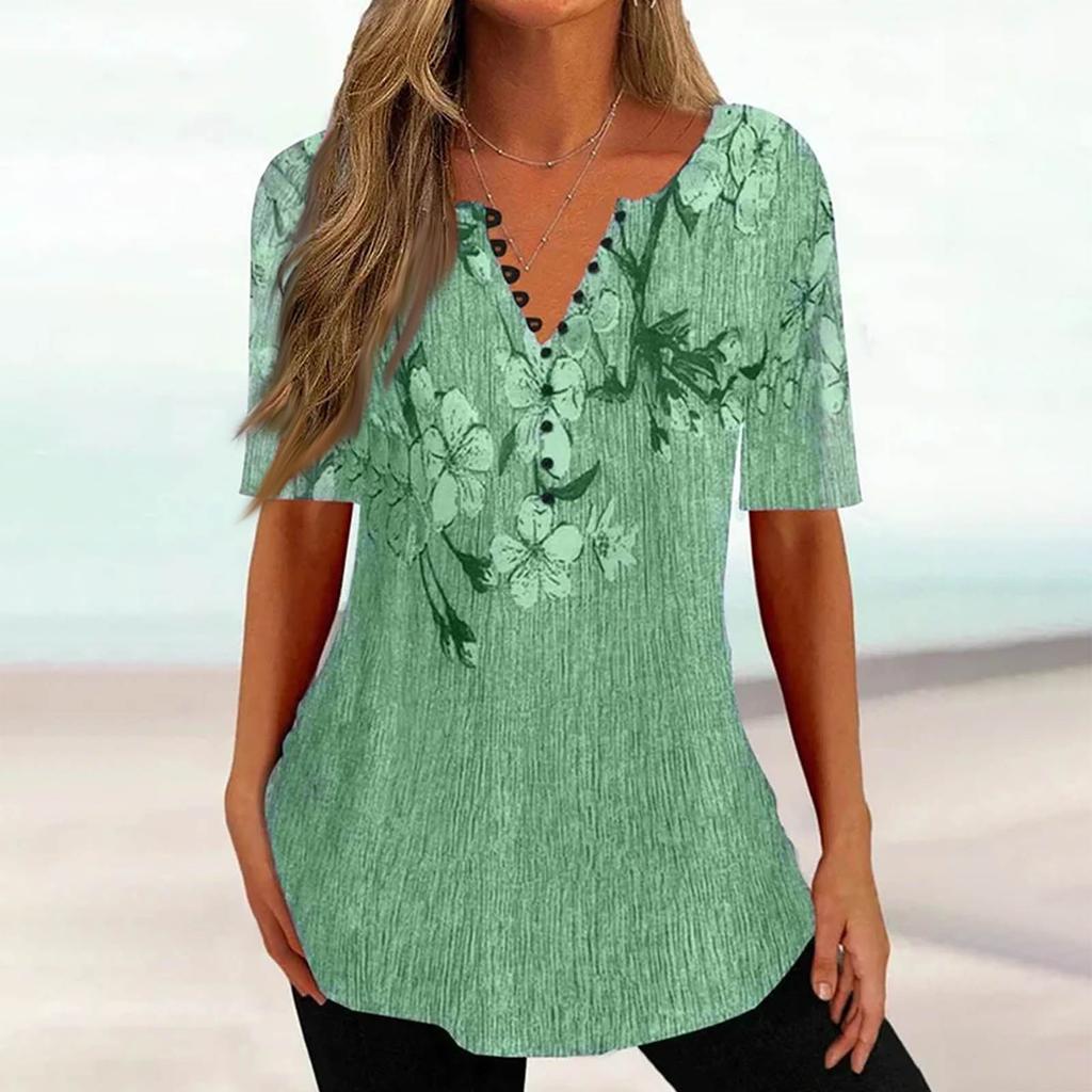 Damen Hemdbluse Knopf Vintage Farbverlaufsdruck Kurzarm Casual Basic Top Pullover