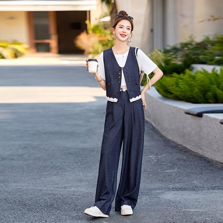 Fashion lace splicing denim vest suit women's summer new age-reducing wide-leg pants three-piece set