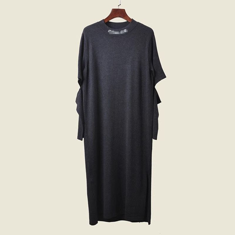 

Stylish over the Knee Knitting Long Skirt Fashion Style Half Turtleneck English Letters Embroider Broken Sleeve Loose Version Dress Grey All yards