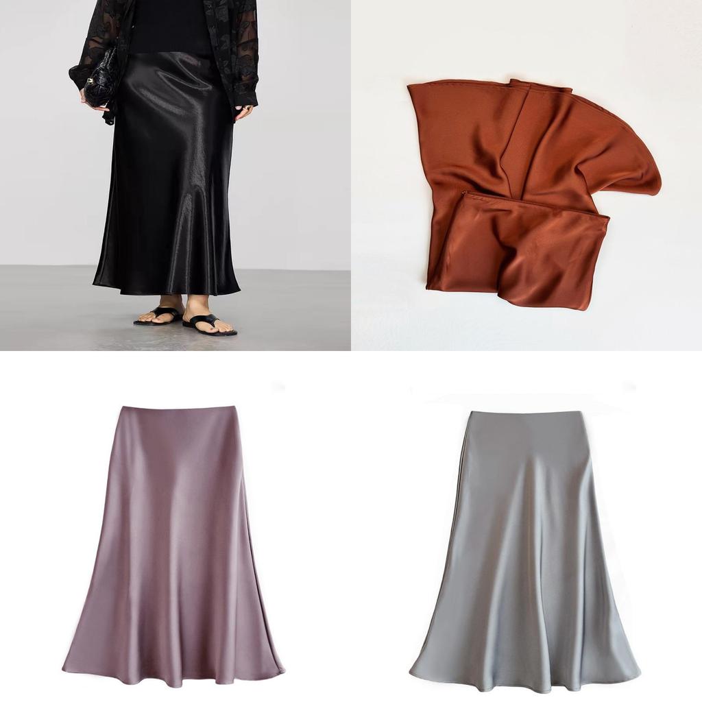 French Elegant Satin Wrap Skirt With Zipper For Womens Office And Formal Wear