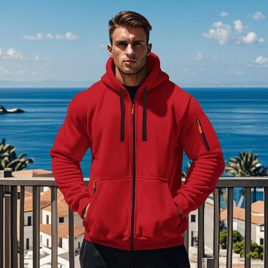 Men Coat Long Sleeve Zipper Closure Hooded Sweatshirt with Large Pockets Solid Color Velvet Thickened Warm Outerwear