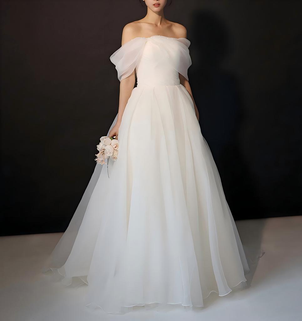 Korean Simple Organza One-word Shoulder White Wedding Dress Tube Top Thin Covering Arms Bride Wedding Trailing Dress Skirt