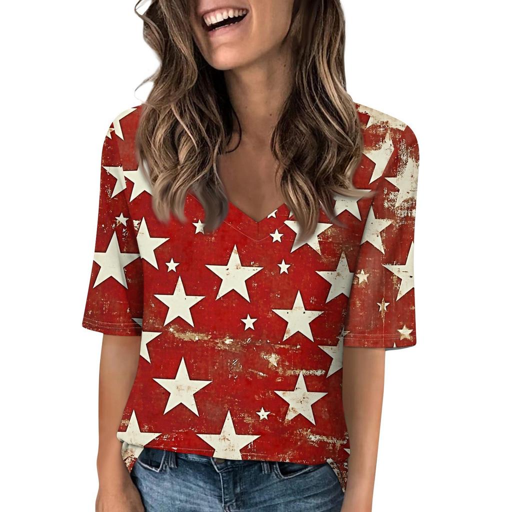 Women's V Neck T Shirts Half Sleeve Tops Printed Casual Summer Tees T Shirt Blouse