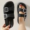 Fashion Hot - Selling Buckled Chunky Sandals | Black Double - Strap Slides with Metal Accents, Ideal for Summer Outfits
