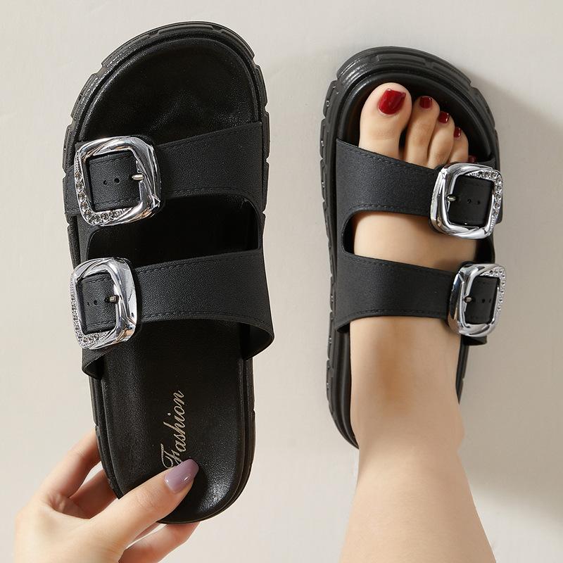 Fashion Hot - Selling Buckled Chunky Sandals | Black Double - Strap Slides with Metal Accents, Ideal for Summer Outfits