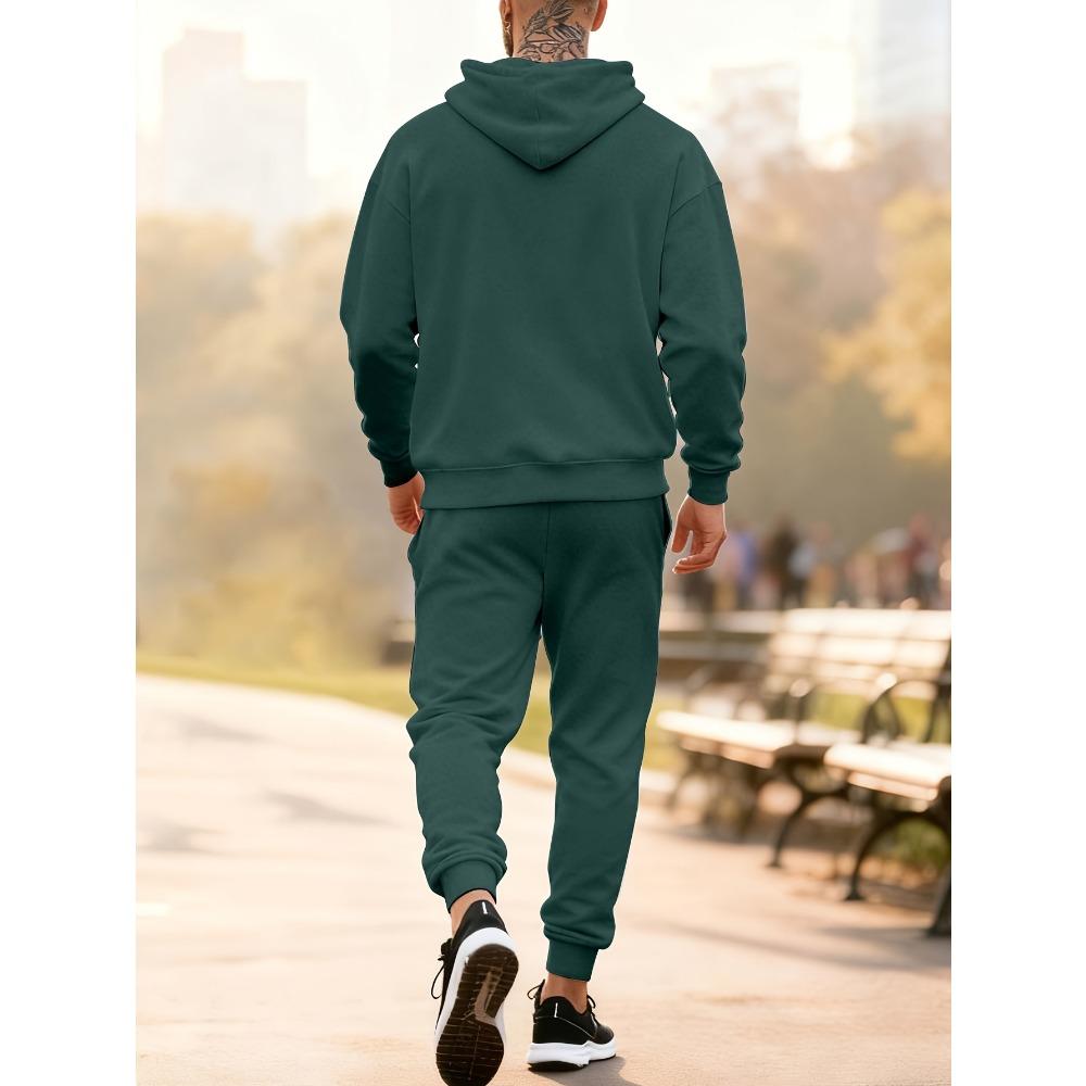Men's Two Piece Casual Suit with Printed Drawstring Hoodie and Matching Drawstring Sweatpants, Suitable for Traveling