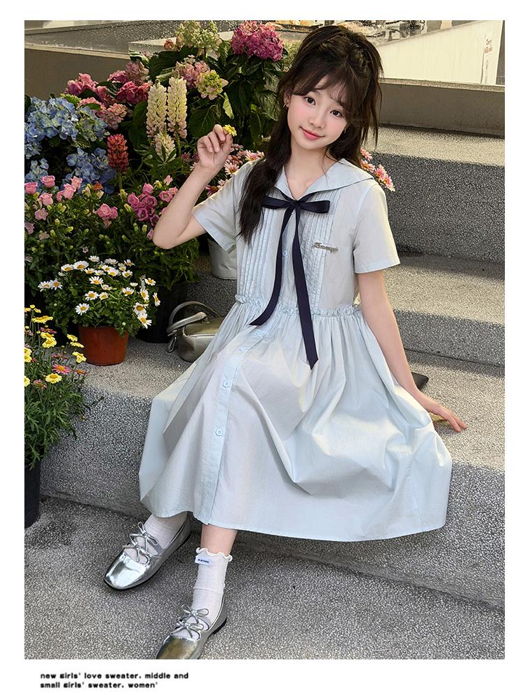Girls' College Style Dress 2026 Summer New Navy Collar Strap Waist Skirt Western Short Sleeve Princess Dress