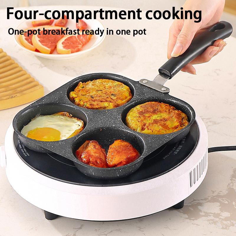 Non Stick 3 4 Hole Egg Frying Pan Wooden Handle Multi Section Skillet for Home Breakfast or Burger Making