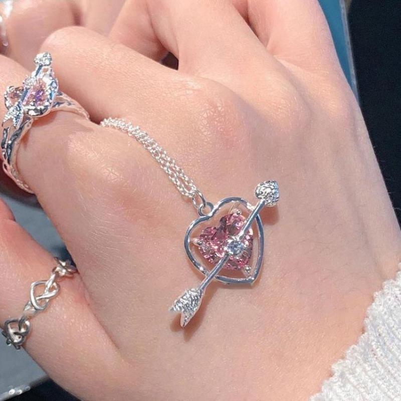 Sweet Pink Diamond Cupid Love Necklace ins Student Girl One Arrow Through Heart Pendant Girlfriend Chain Collarbone Chain