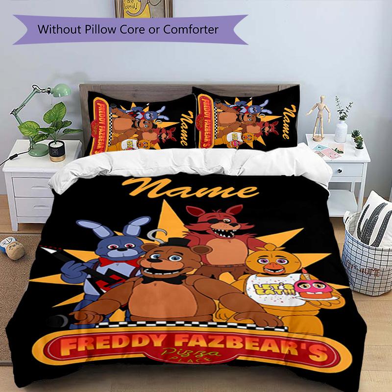 3pcs Freddy Bear1 Cover Set - Personalized Name, HD Printed Bedding with 1 Cover and 2 Pillowcases - Perfect for Home Decor, Easy Care