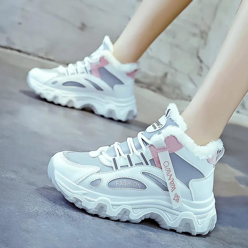 

Women Tennis Winter Platform Lace Up Vulcanized Shoes New Chunky Breathable Mesh Casual Sneakers Velvet Warm Dad Shoes 40 сірий колір