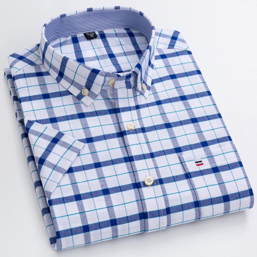Herren 100% Baumwolle Mehrfarbig Kariert Oxford Hemden Kurzarm Regular Fit Kragen Freizeit Button-Down-Hemd mit Tasche