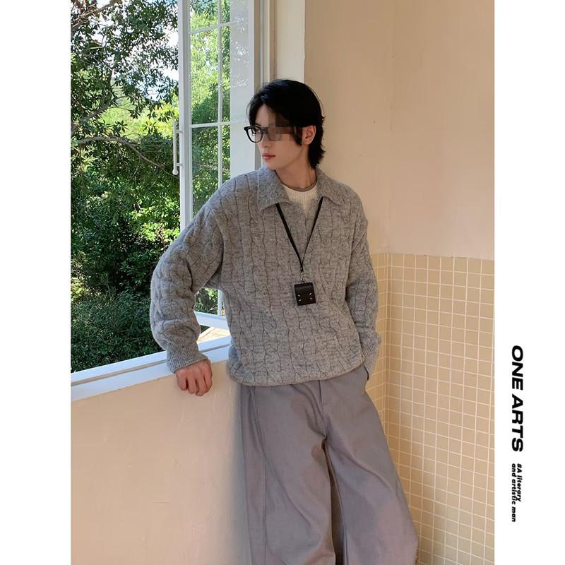 Men s Autumn Loose Fit Faux Two-Piece Collar Knit Sweater - Korean Old Money Style Pullover Polo Shirt XXL