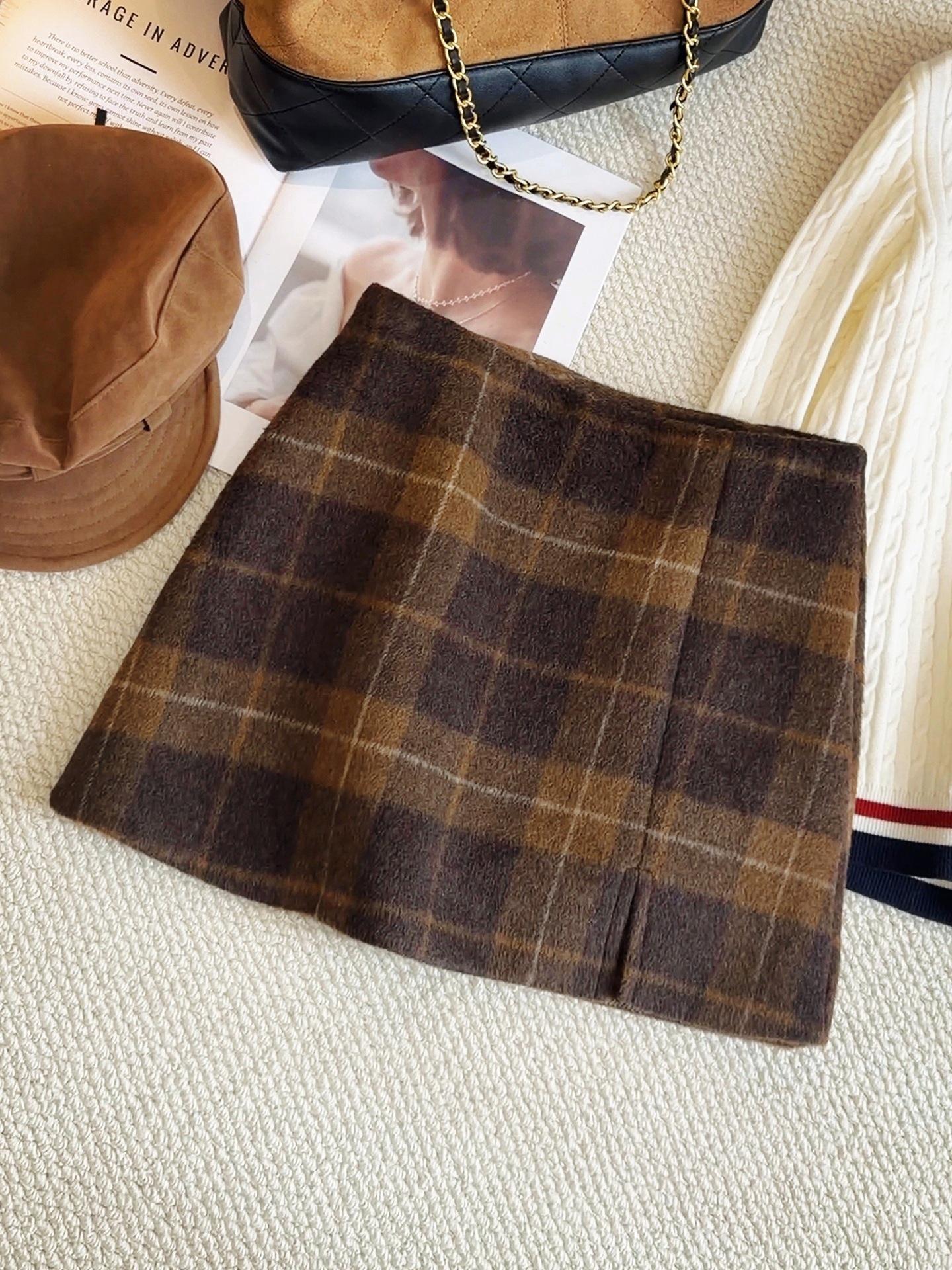 Unique Green Plaid Wool Skirt: Women s High-Waist, Front Slit, Hip-Hugging Midi for Autumn/Winter 2025 Korean Style S кофейный