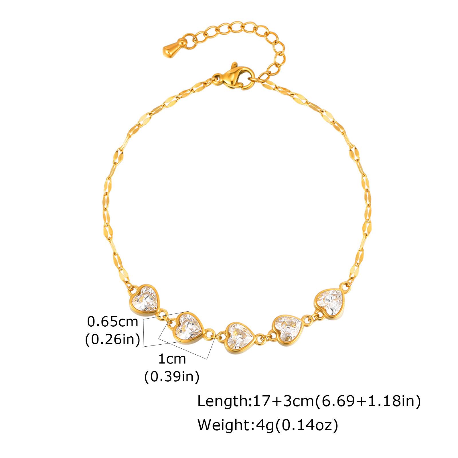 Fashion 18K Gold Stainless Steel Lip Chain 5 Zircon Heart Bracelet Ladies 2565