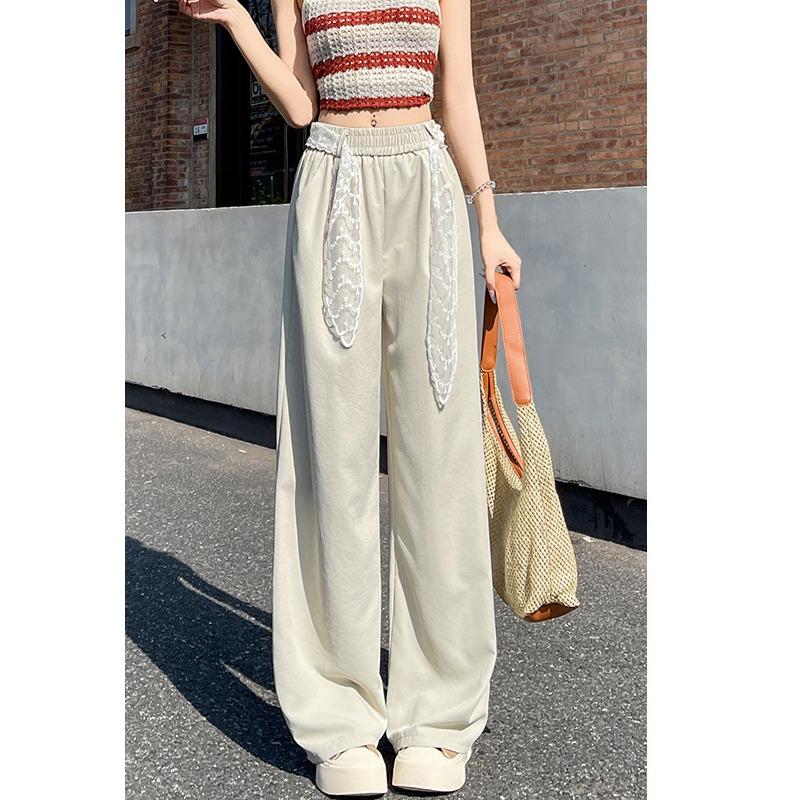 Lace Belt Wide-leg Pants for Women In Summer Ice Silk Cotton Linen High Waist Slimming Casual Lazy Straight-leg Pants