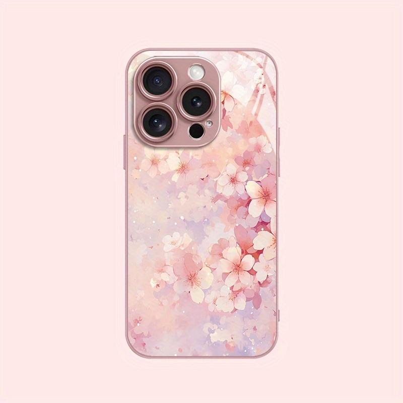 Art Cherry Blossoms Pattern Metallic Paint Glass Hard Phone Case For iPhone 17 Pro Max 11 12 13 14 15 16 Plus 16E 17Air Cover