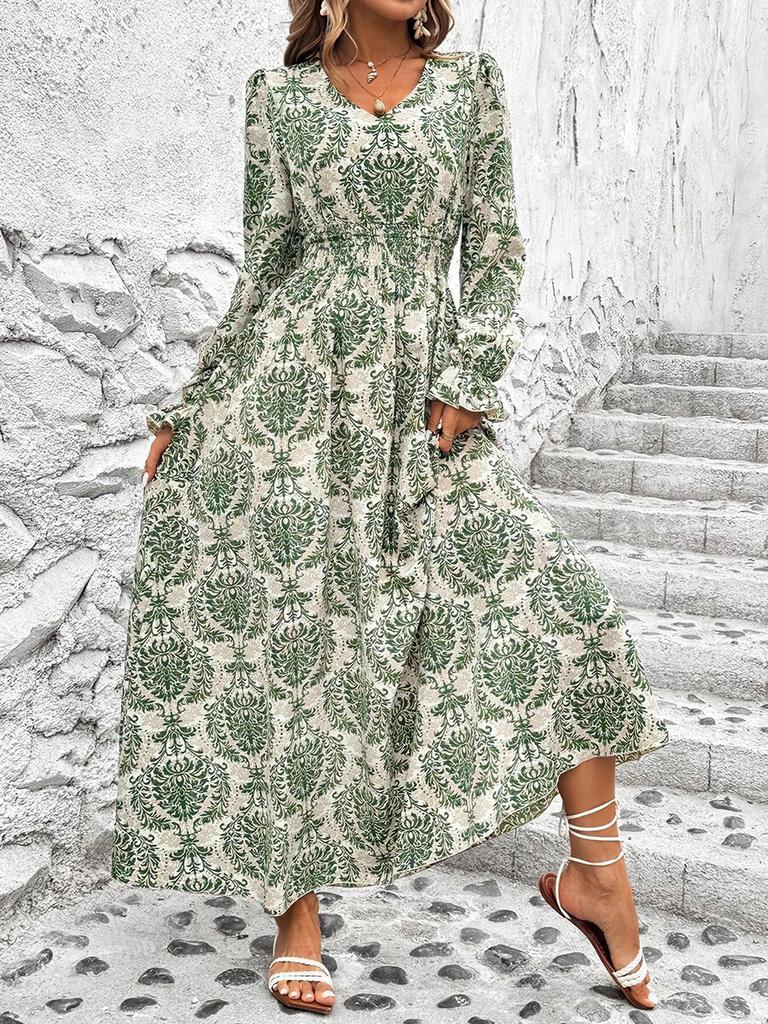 Autumn Sale Women's Printed V-Neck Long Sleeve Maxi Dress