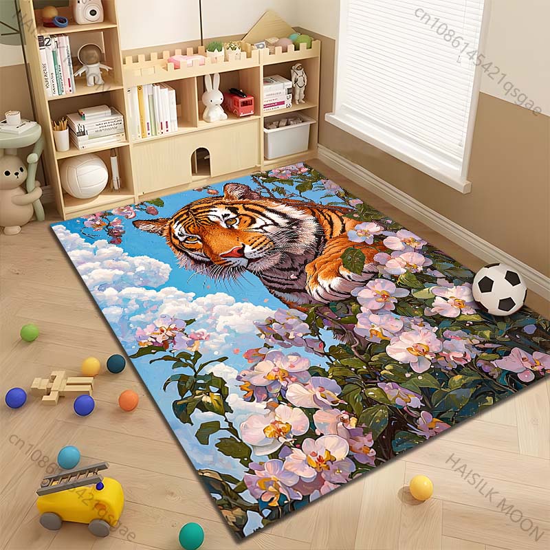 Multiple Sizes Tiger and Pink Flowers Carpet for Living Room Bedroom Sofa Home Decor Rug Non-slip Floor Mat Luxury Gift