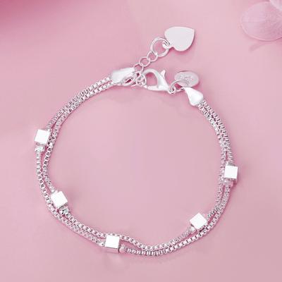 Fashionable 925 Silver Plated Three-layer Box Chain Square Bead Bracelet