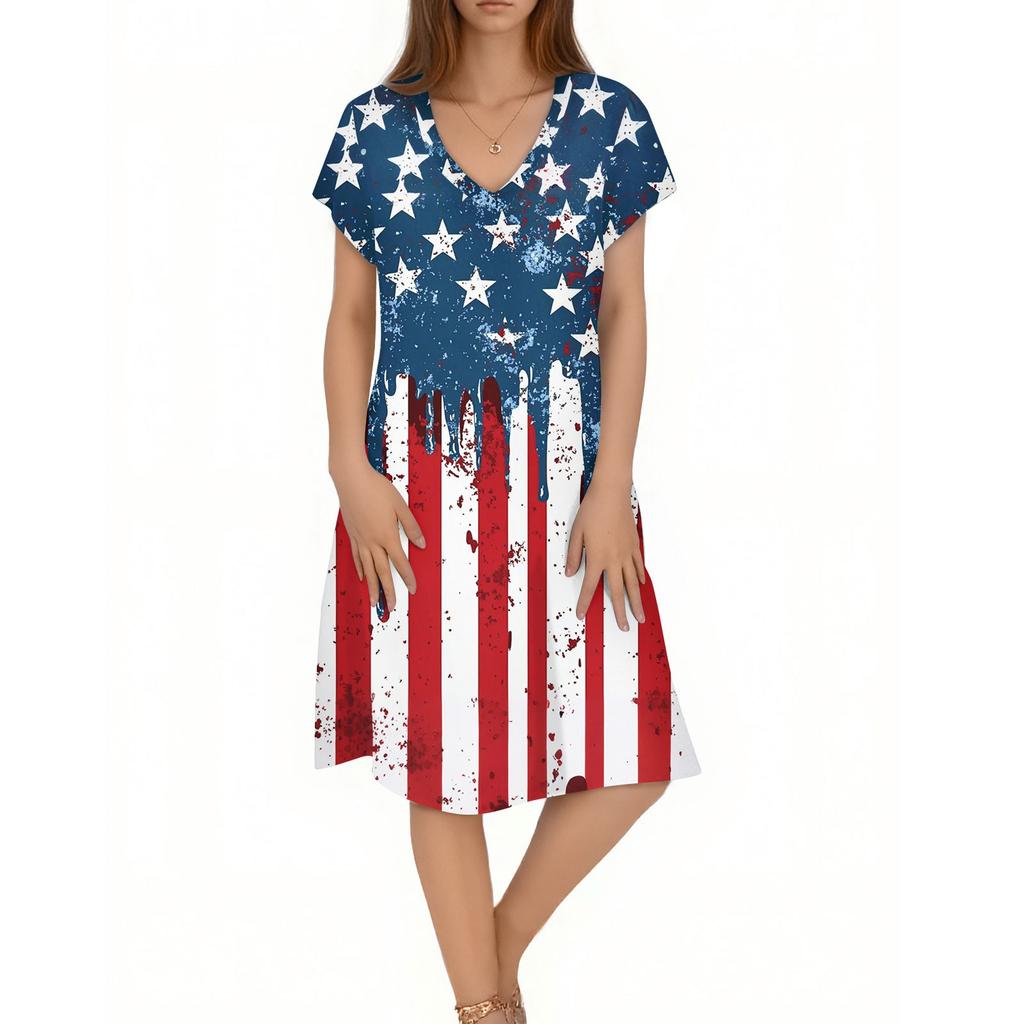 Women's Casual Fashion V-Neck Short Sleeve Floral Print Midi Flowing Dress