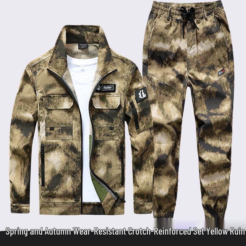 Men's Durable Camouflage Workwear Set: Wear-Resistant, Tear-Resistant, Dirt-Resistant Overalls for Outdoor, Auto Repair, and Labor Protection.