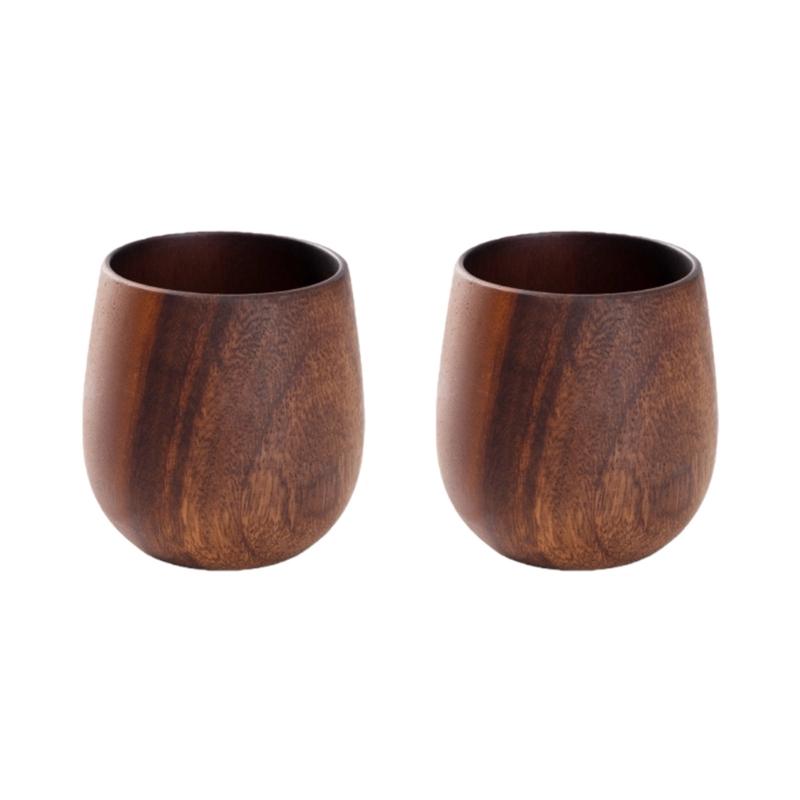 Pack of 2 User Friendly Wooden Tumblers with Natural Grains Texture Offering Ergonomic Belly Shape for Secure Handling of Coffee or Water