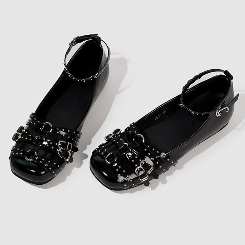 

Fashion Fashion Metal Rivets Buckle Mary Jane Flats Women Punk Style Brand Designer Shoe High Quality Patent Leather Ankle Lace Up Flats 40 чёрный