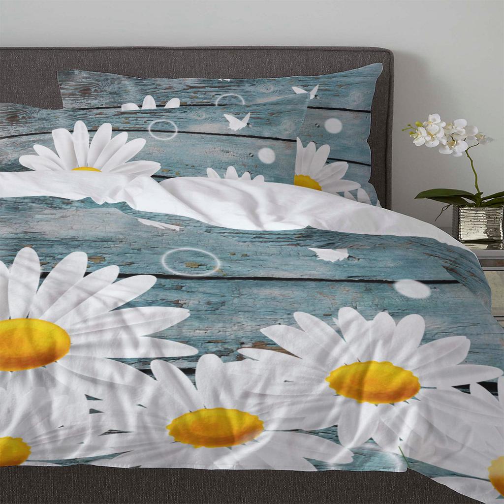 Weiße Gänseblümchen Schmetterling Holzmaserung Blume Bettbezug mit Kissenbezug Kundenspezifisches 3-teiliges Bettwäscheset Steppdeckenbezug Doppelbett Heimtextil