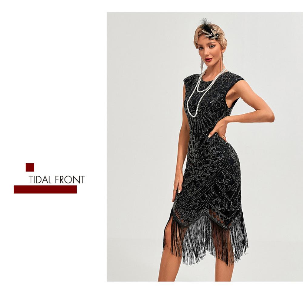 1920S Retro Ball Embroidered Fringed Dress Cocktail Party Large Size Sequined Beaded Mesh Dress