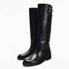 Women'S Black Leather Knee High Boots Buckle Detail Block Heel Classic Riding Style Stylish Perfect For Autumn/Winter