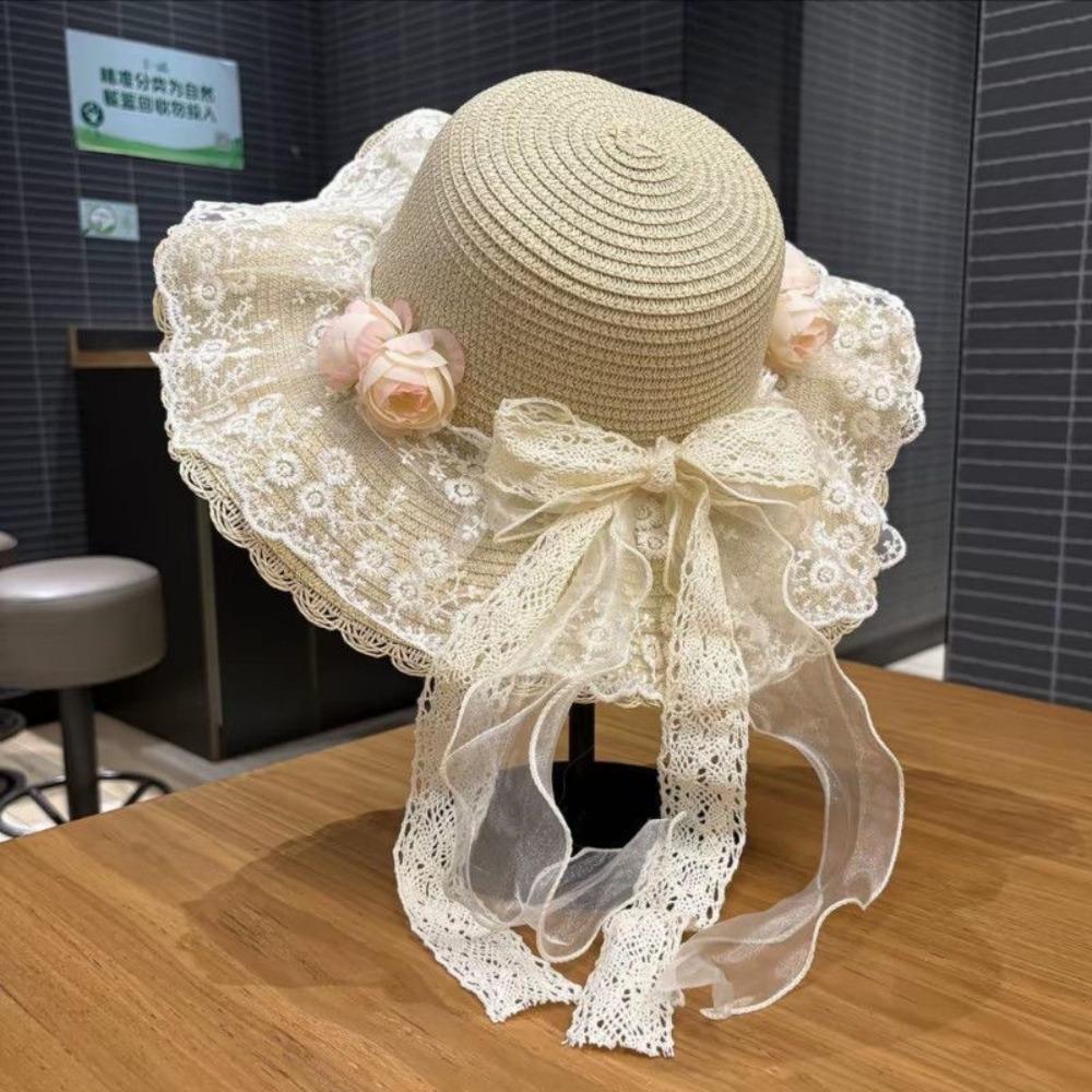 Fashion Lace Bow Sun Hat Adjustable Lace Ruffle Wide Brim Hat Breathable Straw Fisherman Cap Sun Protection