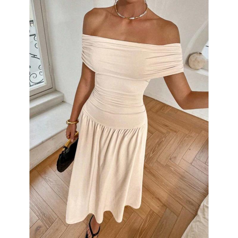 European and American Pure Desire Sexy One-word Shoulder Off the Shoulder Simple Fashion Elegant Waist Thin Dress Women