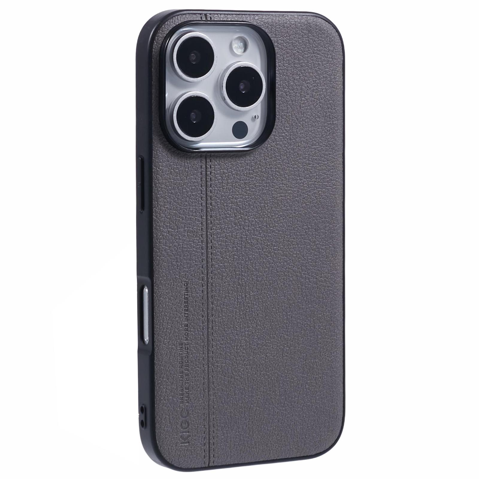 

KIGC For iPhone 16 Pro Max Case Litchi Texture Leather Coated PC+TPU Phone Cover Grey