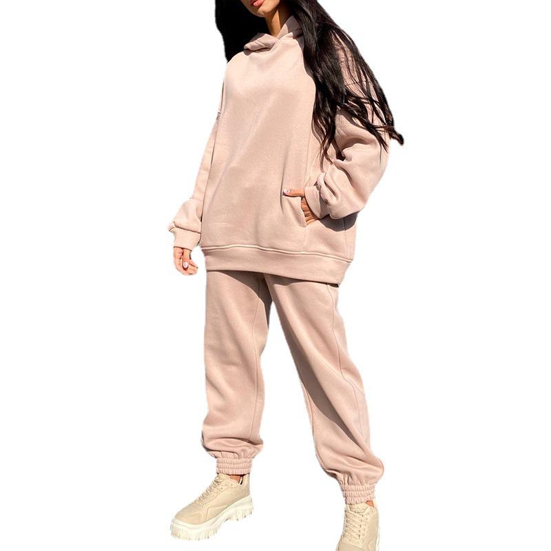 Women's Autumn/Winter Fashion Solid Color Hooded Sweatshirt Casual Two-Piece Set