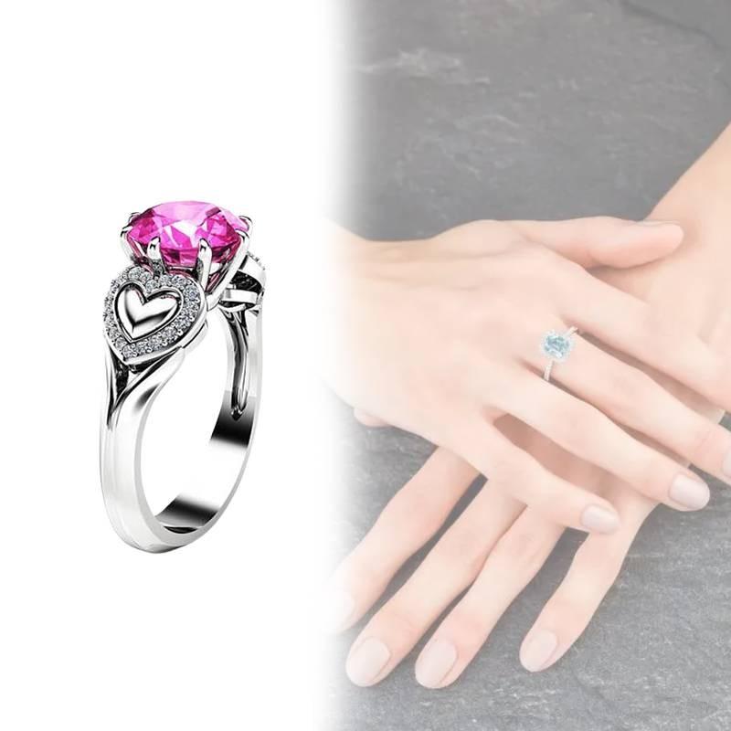 Bague Tendance en Forme de Cœur avec Cristal Zircon Rose et Anneau Réglable Plaqué Argent pour Femmes