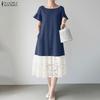 ZANZEA Women Casual Round Neck Short Sleeve Loose Lace Splice Dress