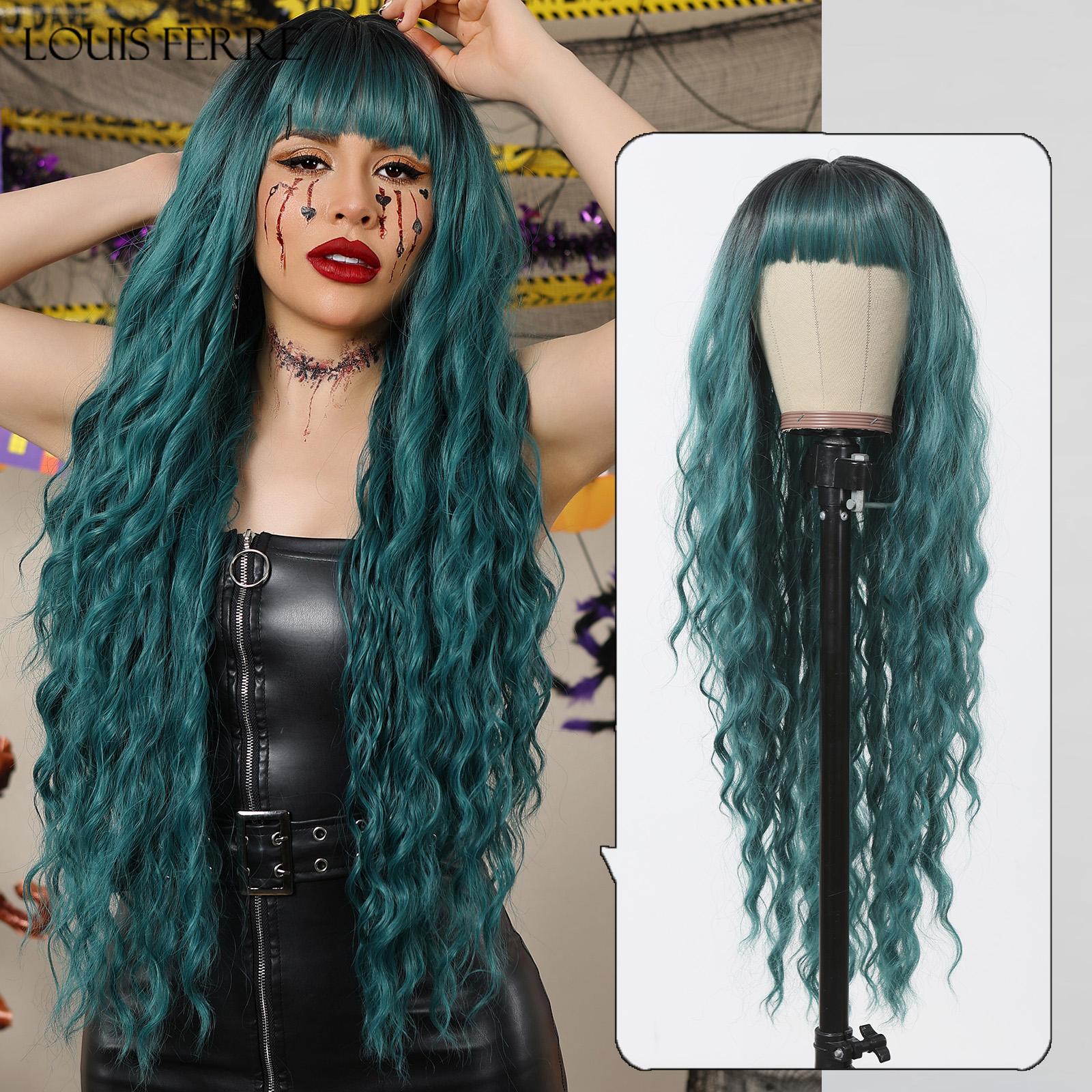 

LOUIS FERRE Длинные волнистые черные синтетические парики для женщин Натуральные искусственные волосы с челкой Термостойкие парики для повседневного использования Косплей