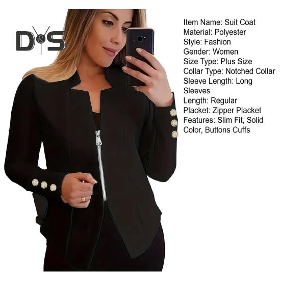 Jaro Podzim Business Suit Kabát Vroubkovaný límec Dlouhý rukáv Zapínání na zip Bunda k obleku Jednobarevné Slim Fit Outwear