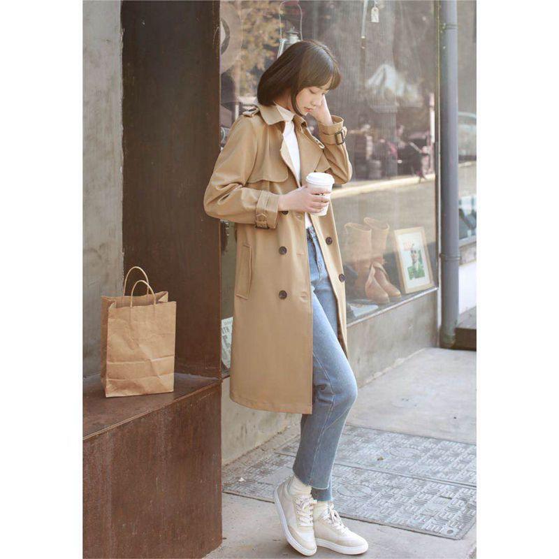 Frühlings-Temperament vielseitiger britischer Stil Overknee mittel und lang zweireihiger Trenchcoat Damen-Trend