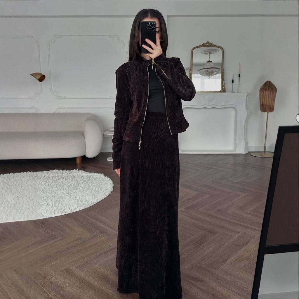 2025 Autumn Women's Suede A-line Woolen Dress with Zipper - Fashionable Long Sleeve Office Wear