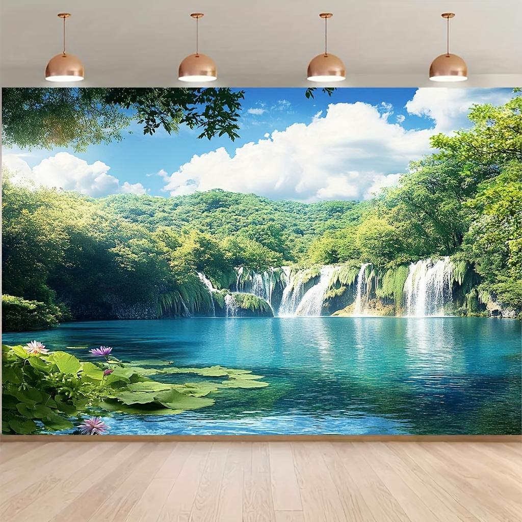 Peaceful Forest Lake Waterfall Background Banner Natural Theme Photo Background for Parties and Indoor/Outdoor Activities